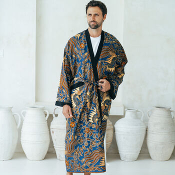 Royal Blue Men's Full Length Batik Kimono Robe, 2 of 6
